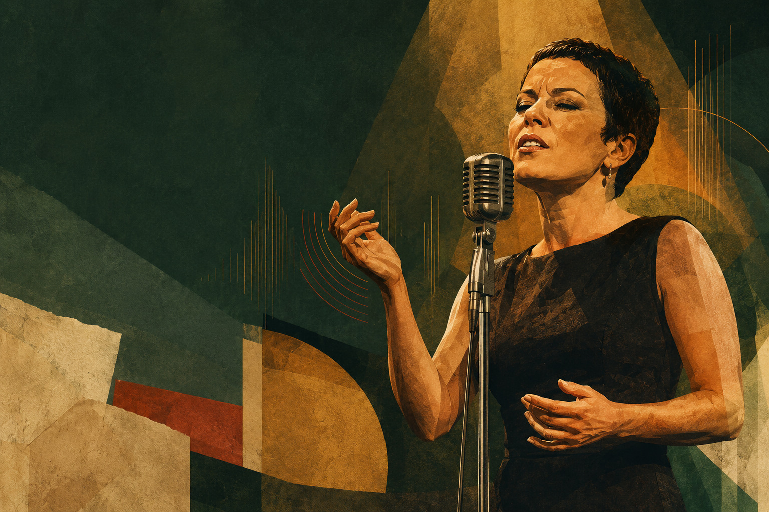 Ilustração editorial de Elis Regina cantando diante de um microfone, em verde e âmbar